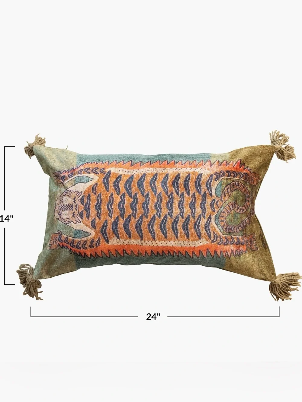 Creative Co-Op Tiger Motif Lumbar Pillow in Orange and Green
